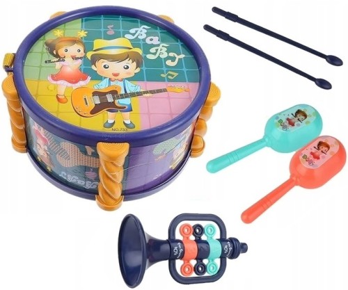 INSTRUMENTY-MUZYCZNE-KOLOROWE-SENSORYCZNE-MALUCHA-BEBENEK-GRZECHOTKI-TRABKA-Stan-opakowania-oryginalne.jpg