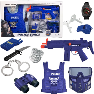 ZESTAW POLICJANTA POLICJA KAJDANKI KAMIZELKA MASKA KARABIN ODZNAKA