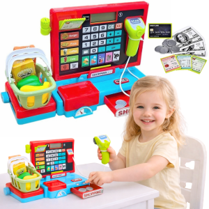 KASA SKLEPOWA Z KALKULATOREM DŹWIĘKIEM I PRODUKTAMI ZABAWA W SKLEP