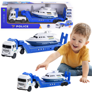 LAWETA Z ŁODZIĄ Z DŹWIĘKIEM POLICJA AUTO CIEŻARÓWKA ZESTAW 30CM
