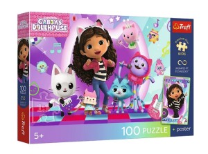 PUZZLE 100 ELEMENTÓW KOCI DOMEK GABI KOLOROWY KOCI ŚWIAT Z PLAKATEM 16551 TREFL