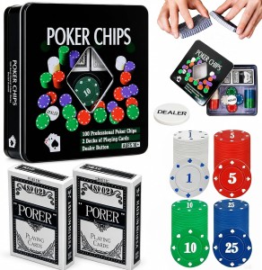 ZESTAW DO GRY W POKERA W METALOWYM PUDEŁKU POKER ŻETONY TALIE KARTY 100SZT