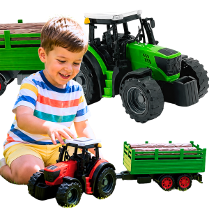 DUŻY ZESTAW TRAKTOR CIĄGNIK Z PRZYCZEPĄ I DREWNEM 38CM FARMA