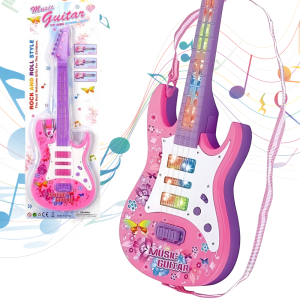 GITARA DLA DZIECI ŚWIATŁO DŹWIĘK RÓŻOWA DUŻA 53CM INTRUMENT ŚWIECI GRA