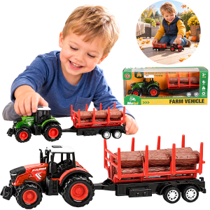 TRAKTOR METALOWY Z PRZYCZEPĄ I DREWNEM ZESTAW FARMA ROLA