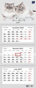 KALENDARZ ŚCIENNY TRÓJDZIELNY NA ROK 2027 82,5X34CM KOTY 7331 INTERDRUK