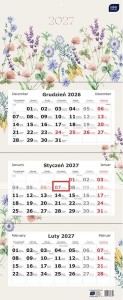 KALENDARZ ŚCIENNY TRÓJDZIELNY NA ROK 2027 82,5X34CM KWIATY 7355 INTERDRUK